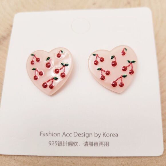 Vintage Jewelry - Brand New Pink Heart Cherry Earrings